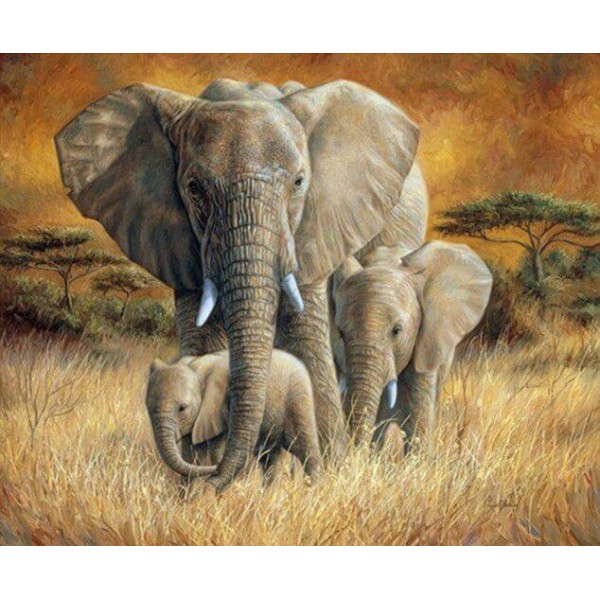 Famiglia di elefanti nell'erba