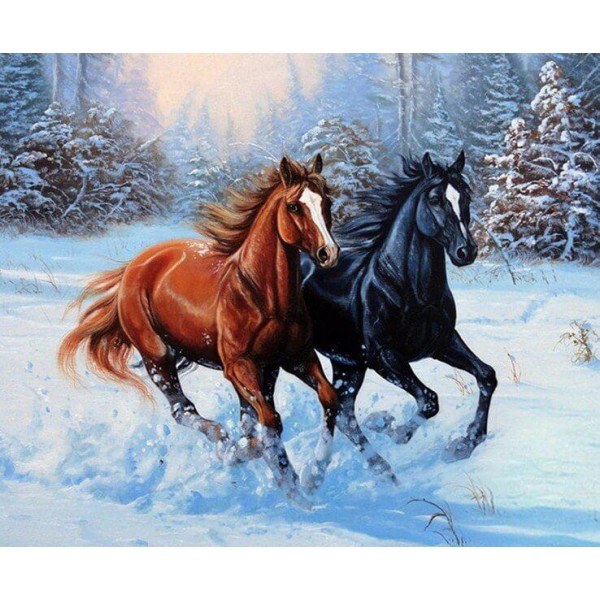 Cavalli che corrono nella neve