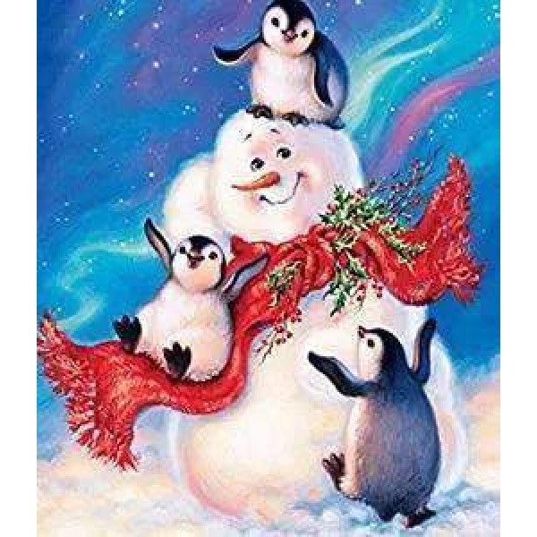 Pinguini con pupazzo di neve
