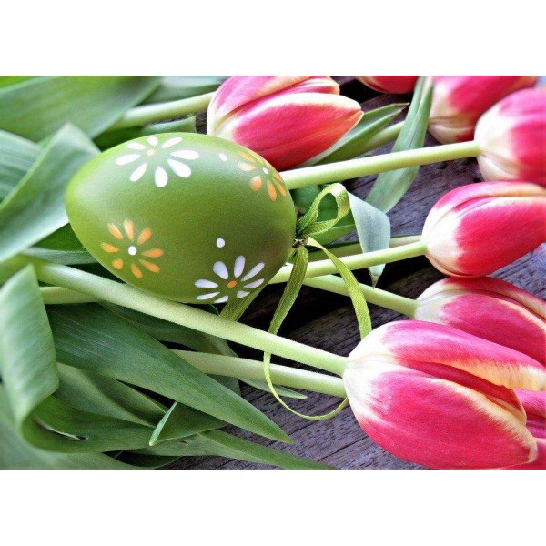 Uovo di Pasqua con tulipani rosa